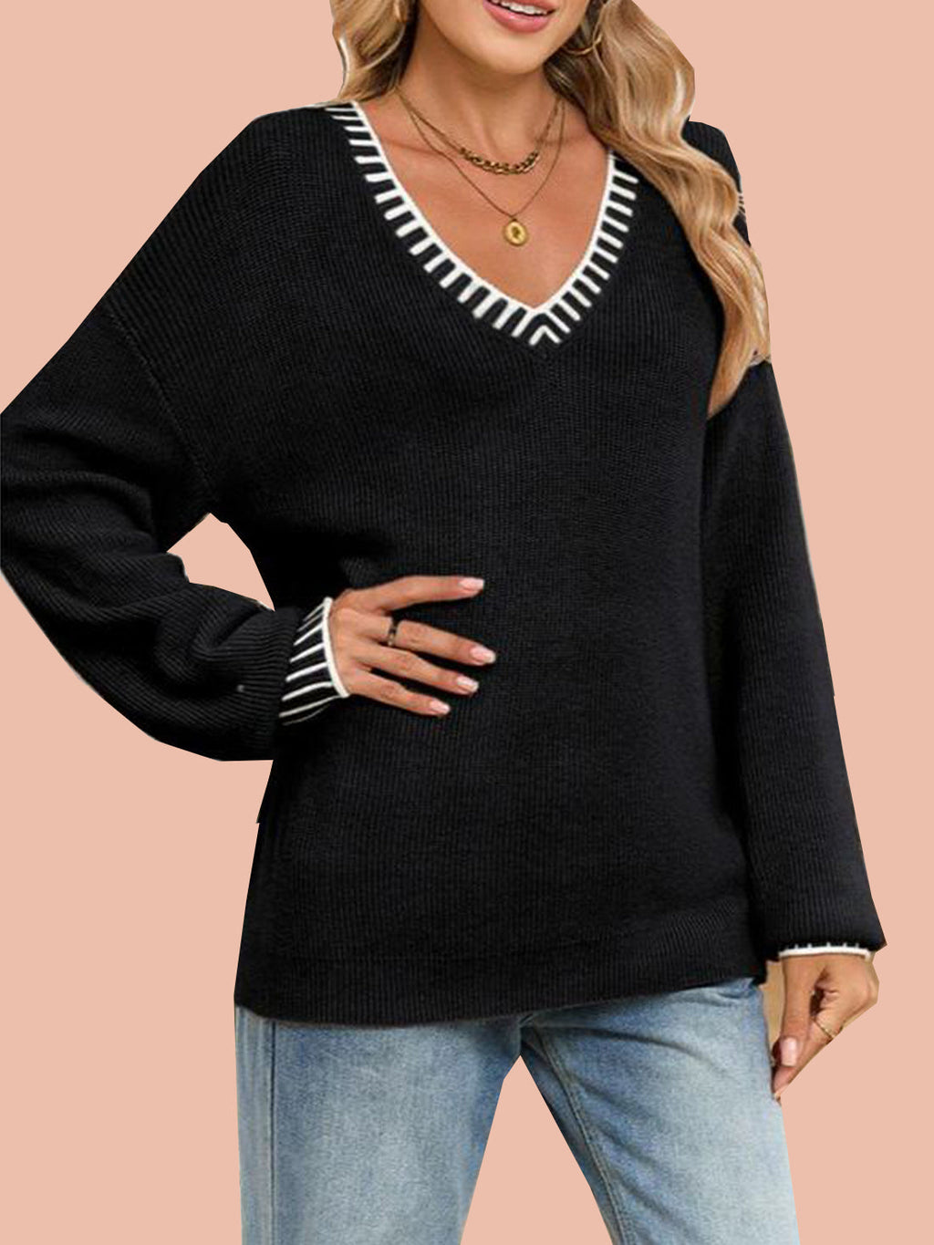 Women's V-Neck Long Sleeve Pullover Sweater (Free Shipping on Orders of 2 or More)