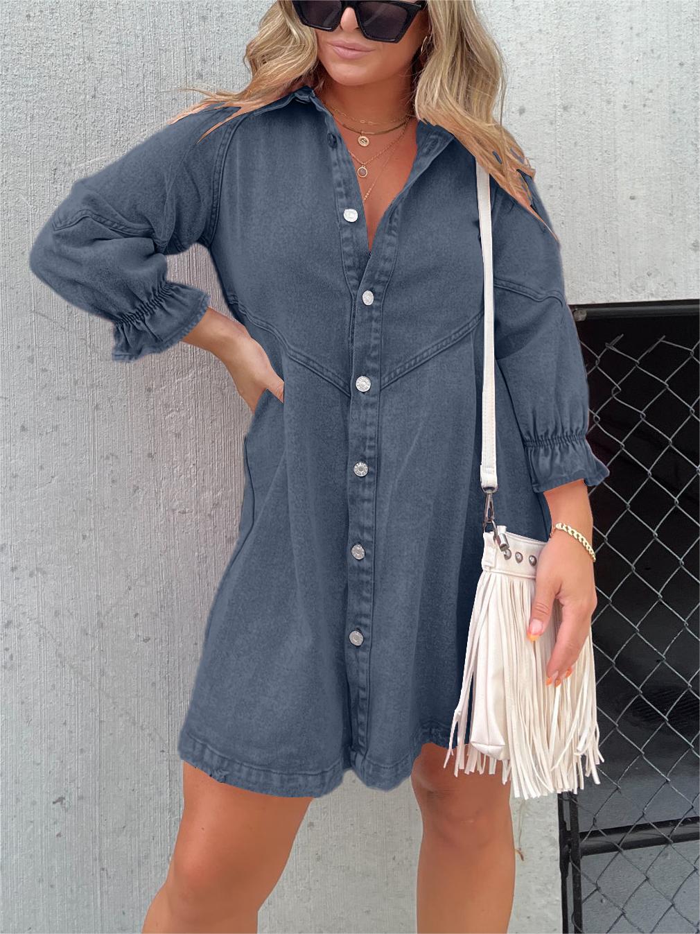 Women's Washed Denim Puff Sleeve Dress (Buy 2, Get Free Shipping)