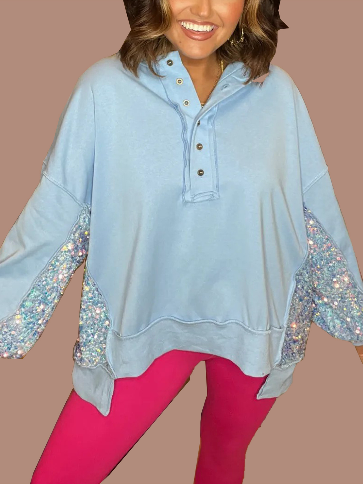 Women's Sequin Colorblock Henley Sweatshirt (Buy 2 Get Free Shipping)