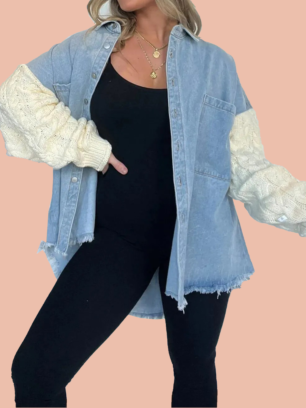 Cozy Sweater Sleeve Denim Shacket (Buy 2, Get Free Shipping)