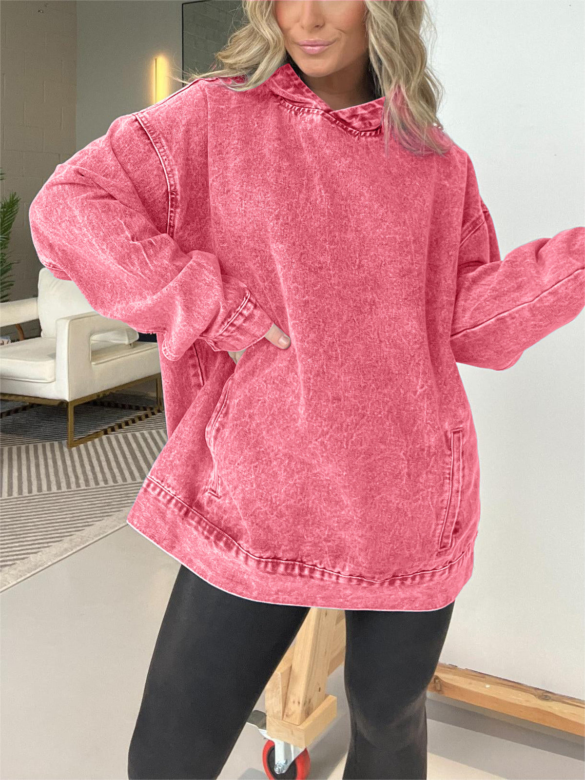 Denim Hooded Sweatshirt with Front Pockets (Buy 2 Get Free Shipping)