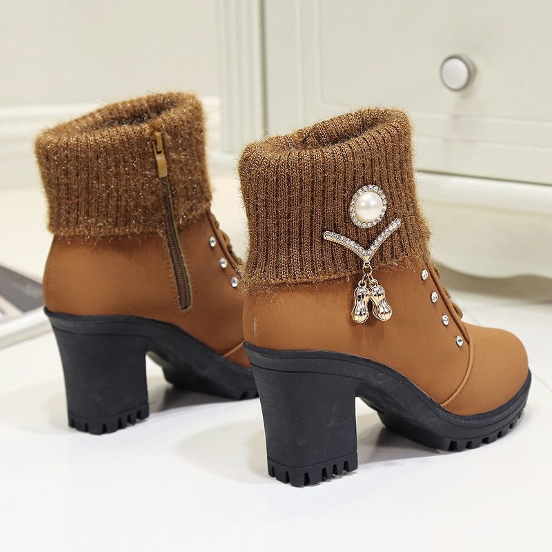 Bootara Women's Glam Knit-Cuff Boots - Rhinestone Decor Side Zip Block Heel Dress Boots (US 5-9.5)