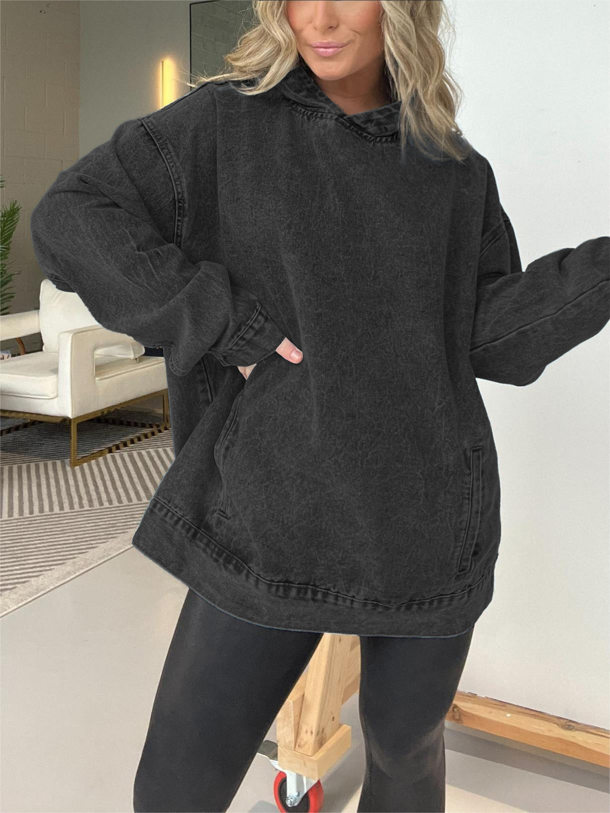 Denim Hooded Sweatshirt with Front Pockets (Buy 2 Get Free Shipping)