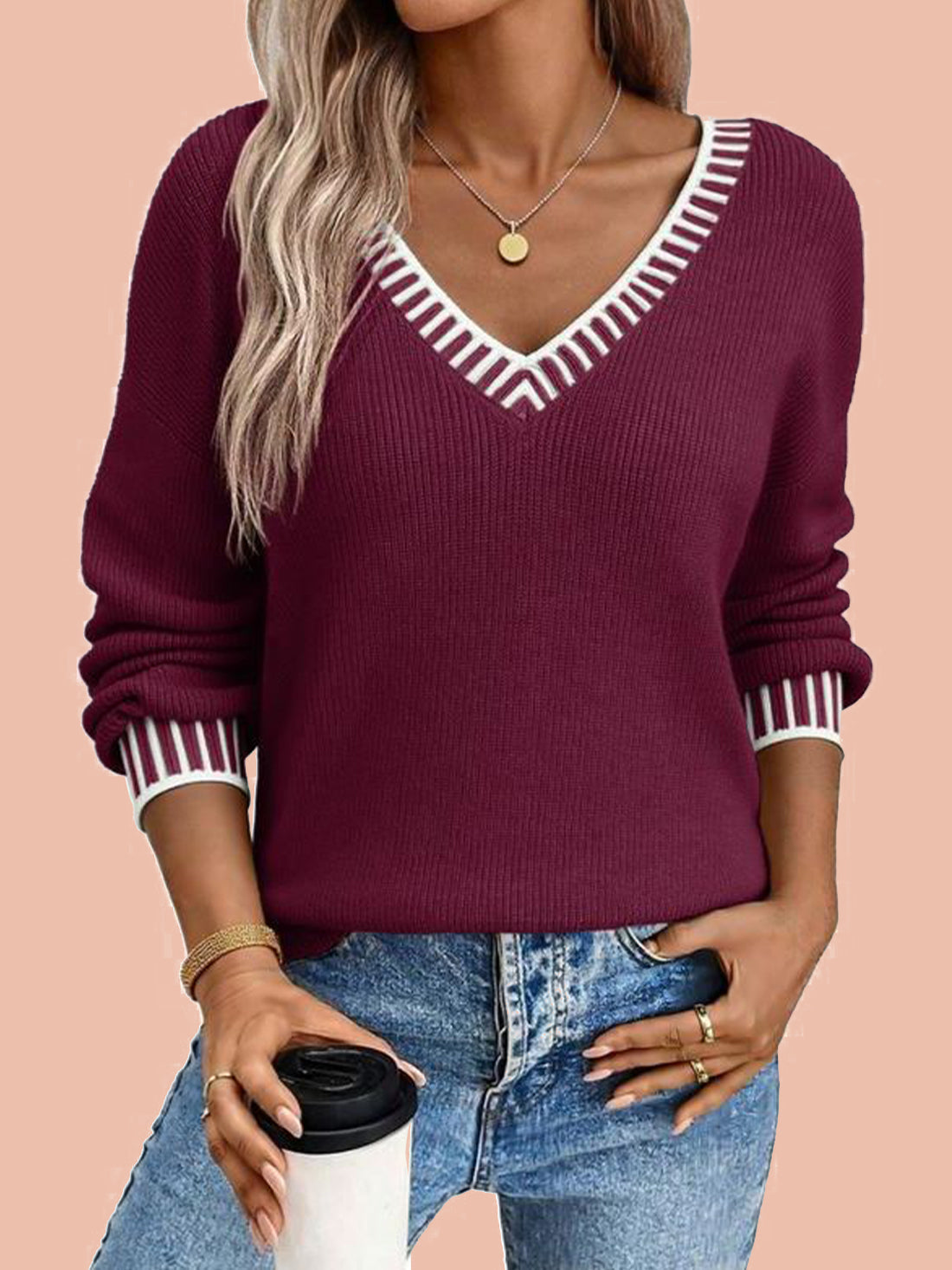 Women's V-Neck Long Sleeve Pullover Sweater (Free Shipping on Orders of 2 or More)