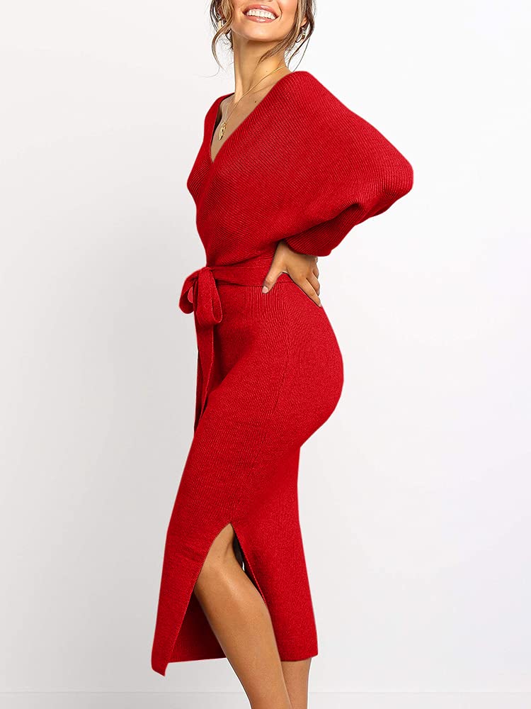 Women's Wrap V-Neck Slit Sweater Dresses (Buy 2, Get Free Shipping)