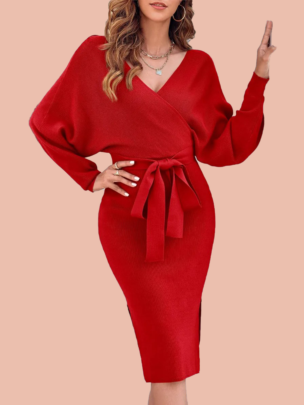 Women's Wrap V-Neck Slit Sweater Dresses (Buy 2, Get Free Shipping)