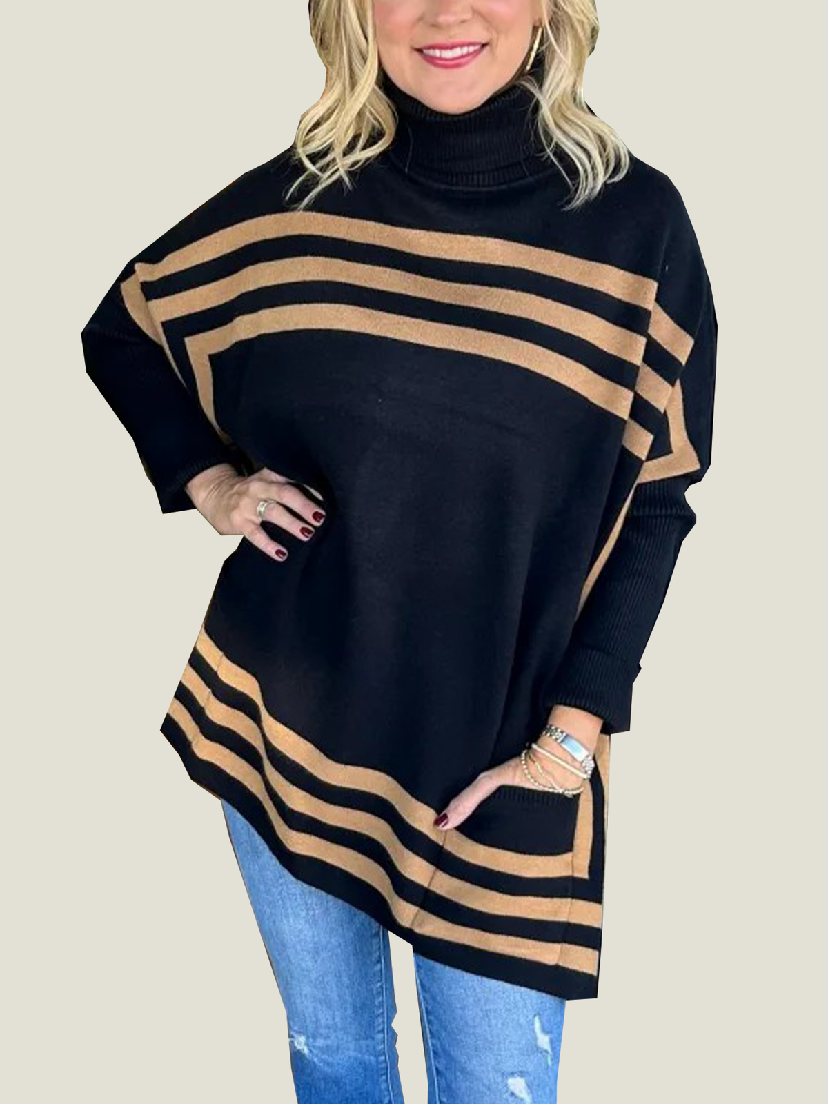 Women's High Neck Batwing Sleeve Striped Sweater (Buy 2 Get Free Shipping)