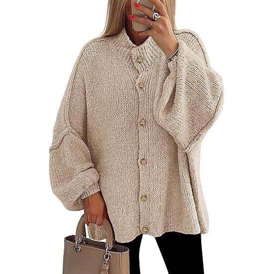 Women's Winter Button Down Cardigan Sweater, Mock Neck, Lantern Long Sleeve, Chunky Knit Jacket, Trendy Outerwear