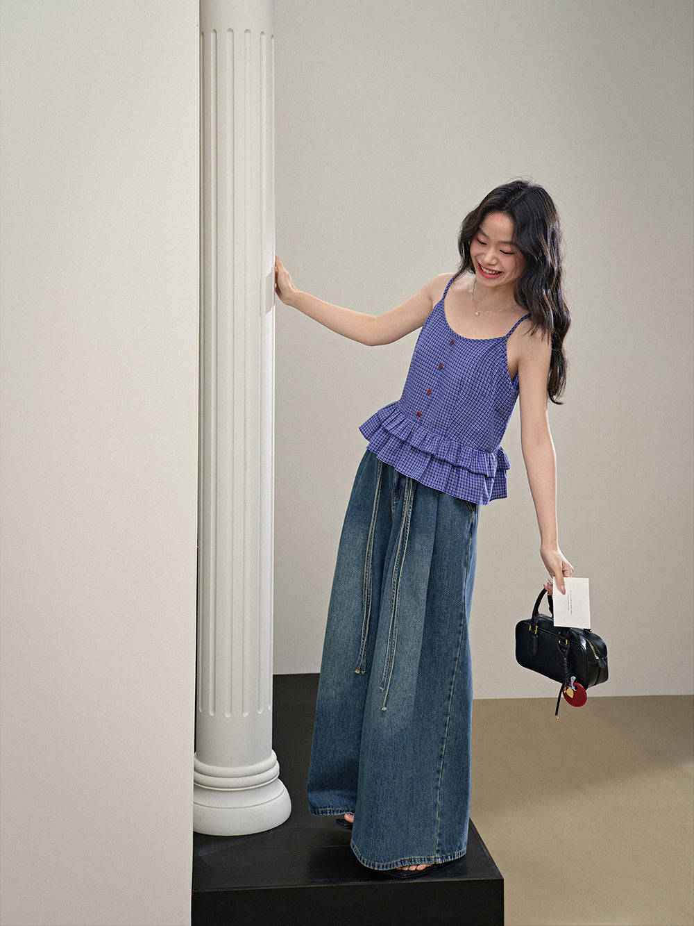 Blue Plaid Ruffle Blouse