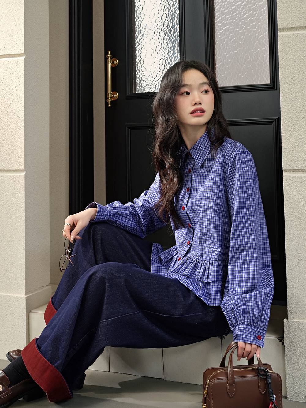 Blue Plaid Ruffle Blouse
