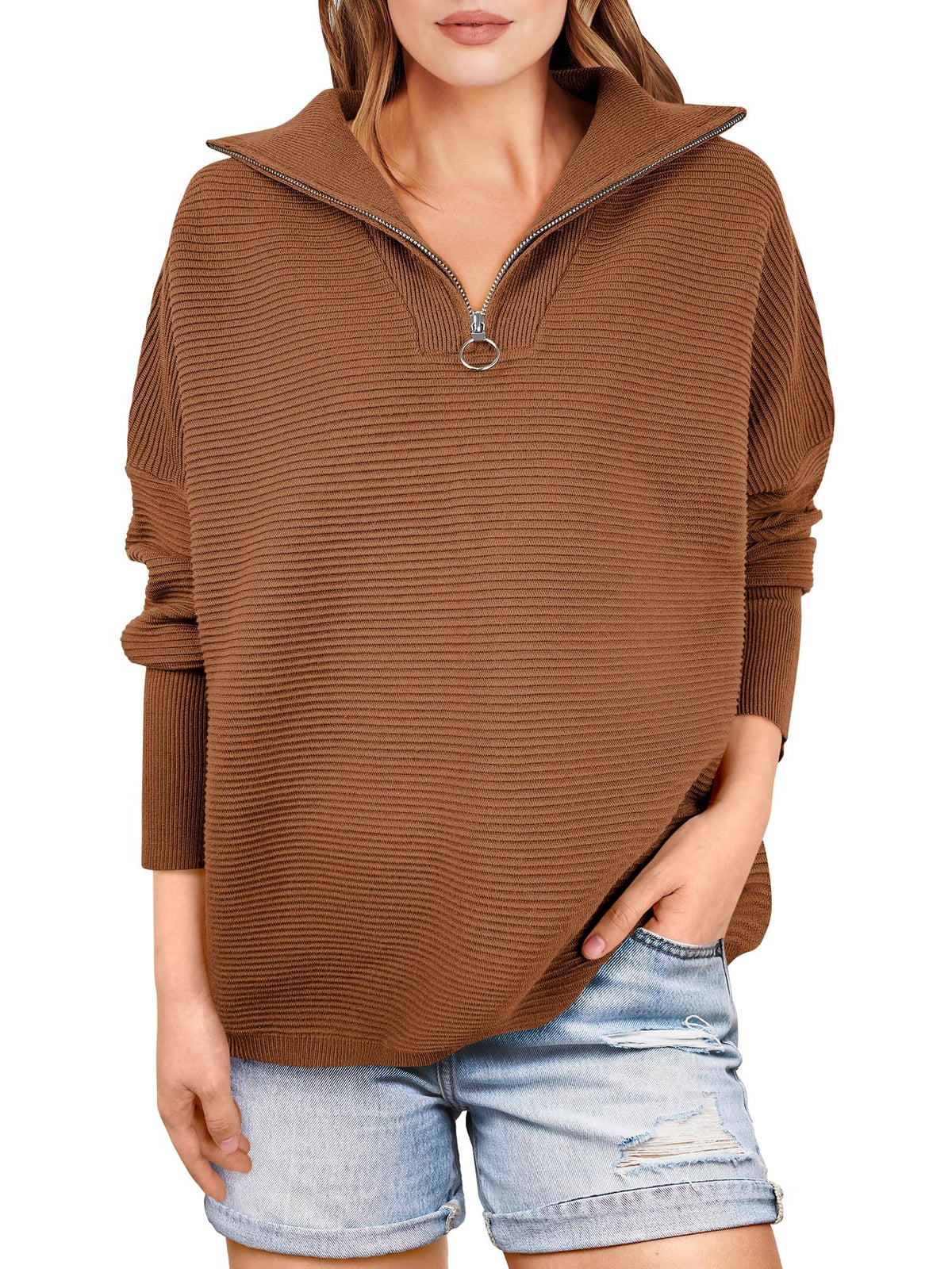 Women's Quarter Zip Rib Knit Cozy Pullover Sweater (Buy 2, Get Free Shipping)