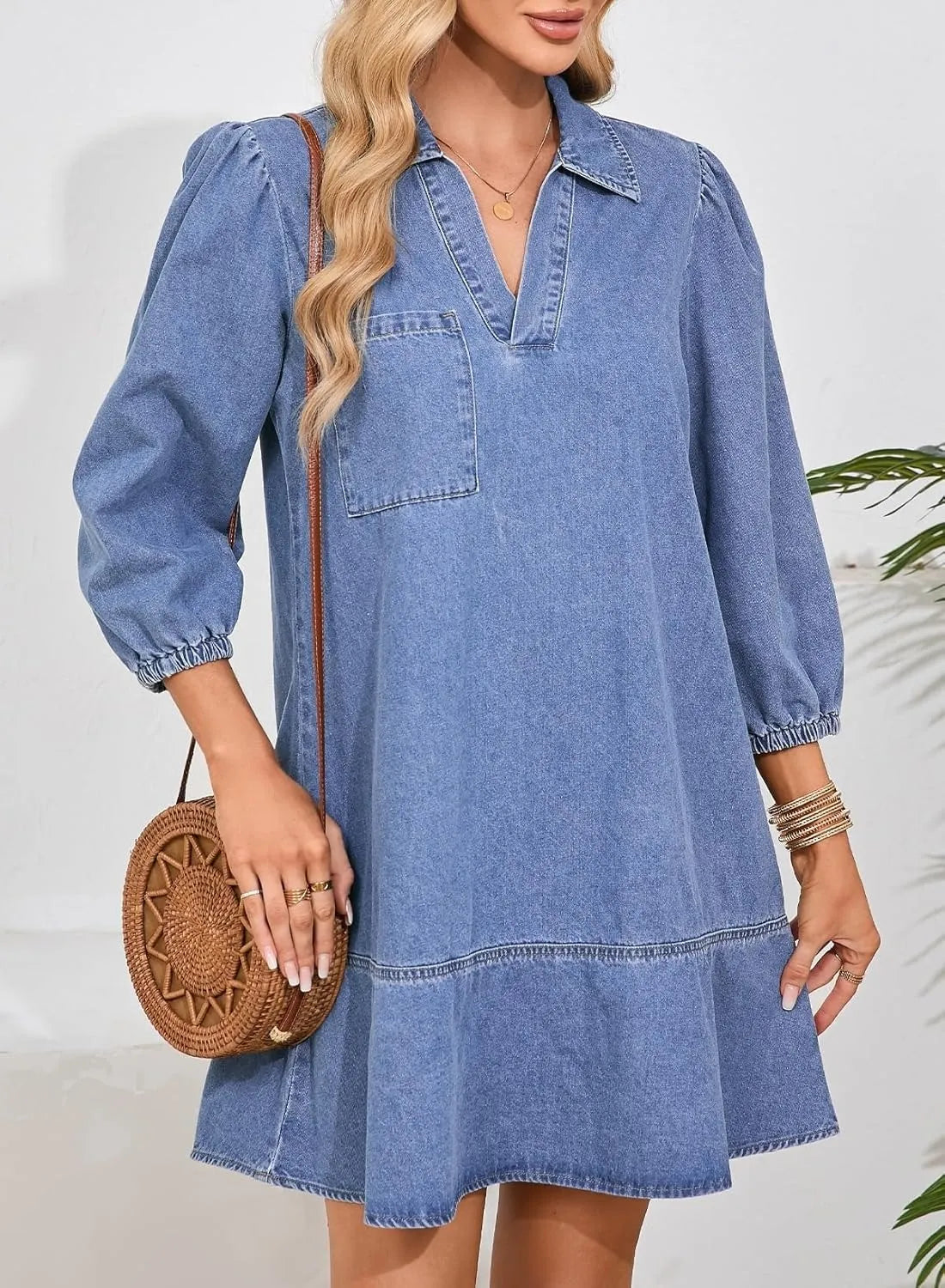 Women's V-Neck Puff Sleeve Denim Layered Dress (Buy 2, Free Shipping)