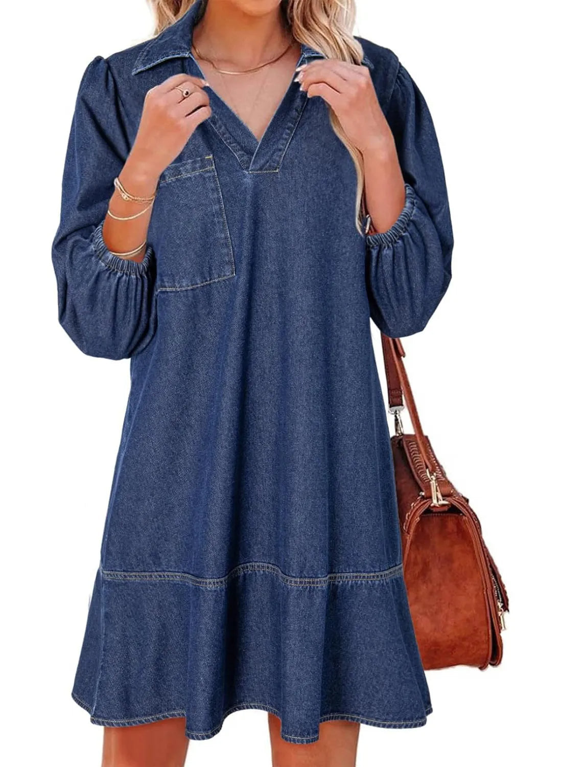 Women's V-Neck Puff Sleeve Denim Layered Dress (Buy 2, Free Shipping)