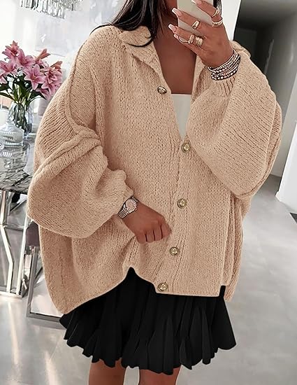 Women's Winter Button Down Cardigan Sweater, Mock Neck, Lantern Long Sleeve, Chunky Knit Jacket, Trendy Outerwear