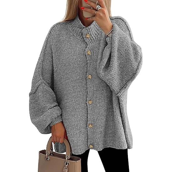 Women's Winter Button Down Cardigan Sweater, Mock Neck, Lantern Long Sleeve, Chunky Knit Jacket, Trendy Outerwear
