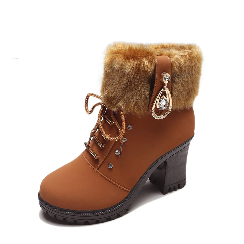 Bootara Women's Glam Knit-Cuff Boots - Rhinestone Decor Side Zip Block Heel Dress Boots (US 5-9.5)