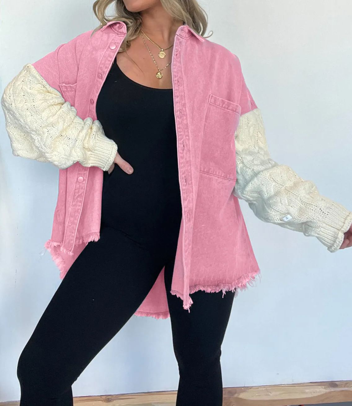 Cozy Sweater Sleeve Denim Shacket (Buy 2, Get Free Shipping)