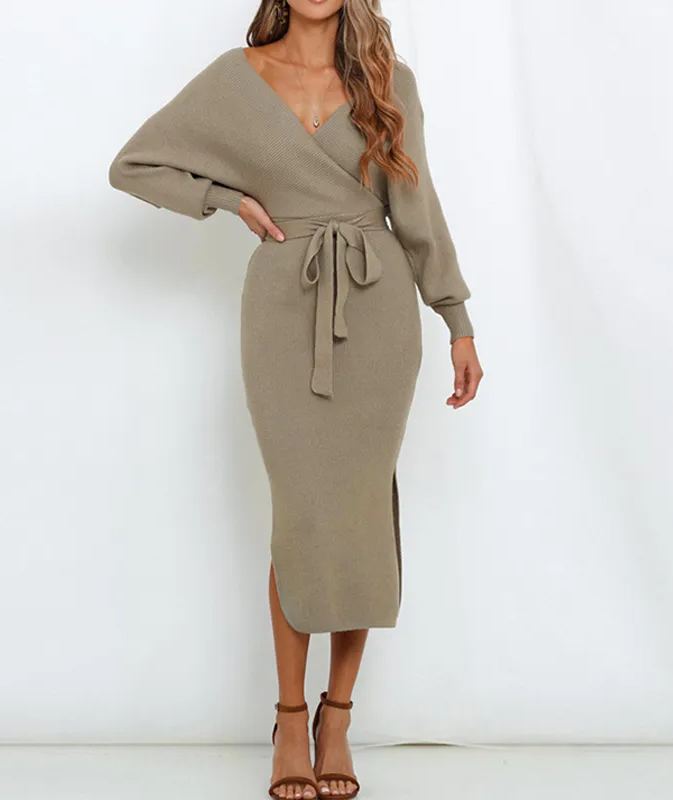 Women's Wrap V-Neck Slit Sweater Dresses (Buy 2, Get Free Shipping)